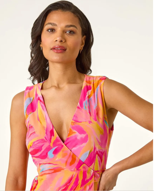 Floral Print Wrap Chiffon Midi Dress