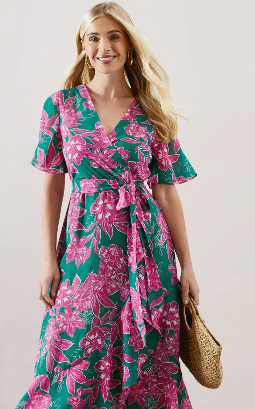 Petite Floral Ruffle Wrap Belted Midi Dress