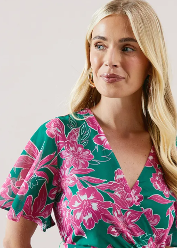 Petite Floral Ruffle Wrap Belted Midi Dress