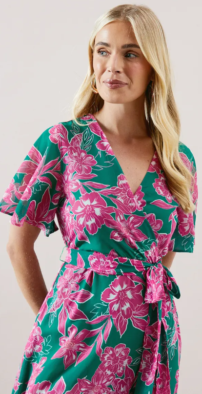 Petite Floral Ruffle Wrap Belted Midi Dress