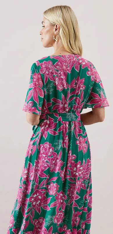 Petite Floral Ruffle Wrap Belted Midi Dress