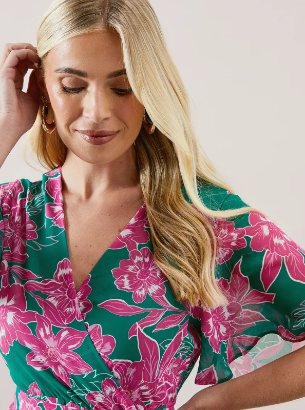 Petite Floral Ruffle Wrap Belted Midi Dress