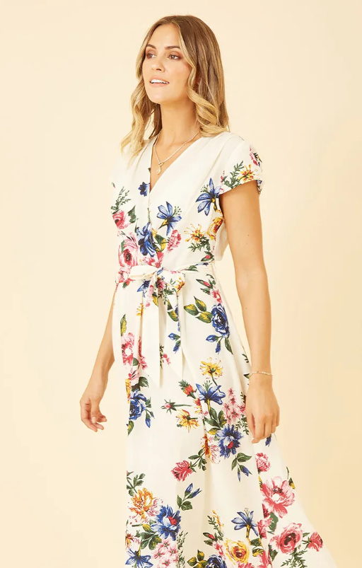 Ivory Floral Wrap Dip Hem Dress