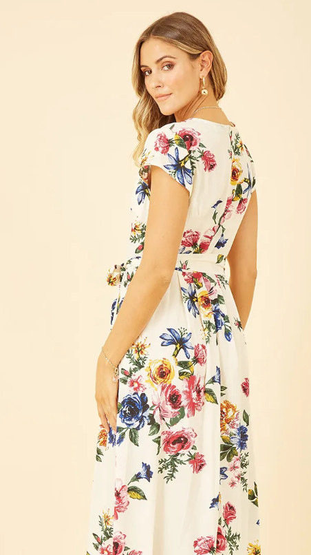 Ivory Floral Wrap Dip Hem Dress