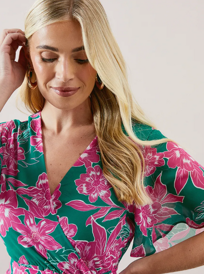 Petite Floral Ruffle Wrap Belted Midi Dress